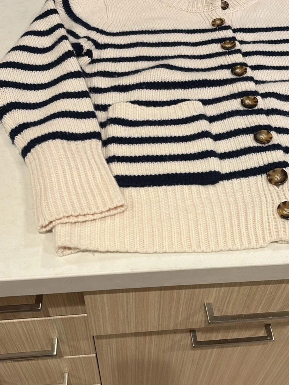 La Ligne Cashmere/wool Striped Navy & Cream Button-Front Women's Cardigan - Picture 3 of 5